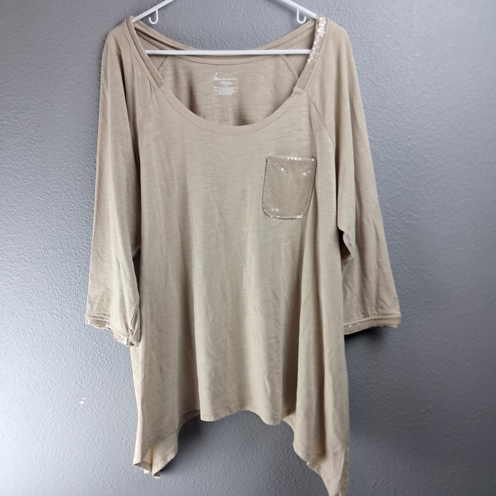 Lane Bryant 22/24 Beige Scoop Neck Knit Top Sequin Pocket Hi-Low Hem 3/4 Sleeve